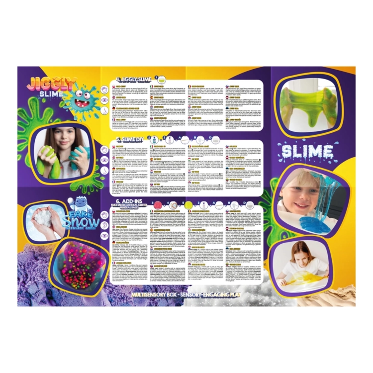 Rozłożona ulotka z instrukcją zestawu Multisensory Box, szczegóły dotyczące slime'ów, sztucznego śniegu i dodatków.