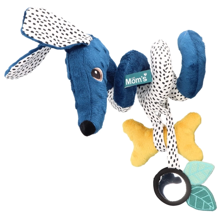 Granatowa spirala edukacyjna Jamiś (pies) od Mom's Care. Widoczne kontrastowe uszy i tułów. Zabawka jest skręcona, z podwieszoną kością i lusterkiem.