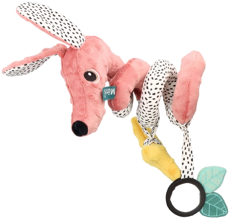 Różowa spirala edukacyjna Jamiś w kształcie psa, z długimi, kropkowanymi uszami. Do spirali przyczepiona jest żółta piszczałka w kształcie kości i bezpieczne lusterko z miętowo-niebieskimi listkami.