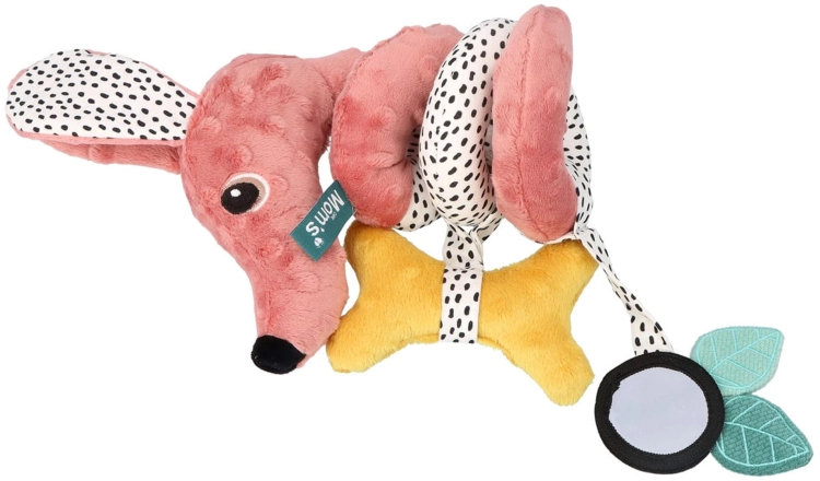 Różowa spirala edukacyjna Jamiś (pies) z czarno-białymi kropkowanymi elementami. Na zabawce wisi żółta kość (piszczałka) i lusterko z dwoma listkami.