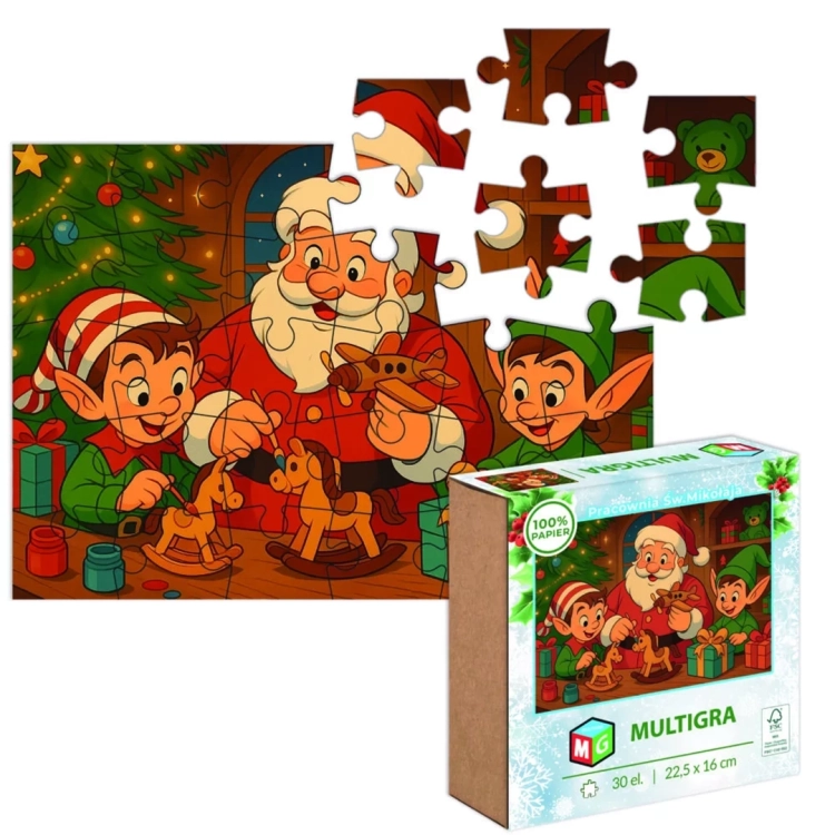 Puzzle Multigra Pracownia Św. Mikołaja 30 elementów, pudełko i częściowo ułożony obrazek.