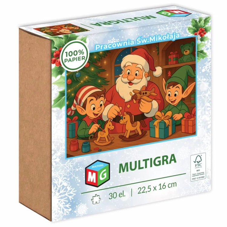 Puzzle Multigra Pracownia Św. Mikołaja 30 el., opakowanie z kartonu.