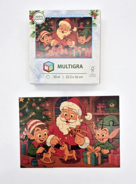 Puzzle Multigra 30 el. Pracownia Św. Mikołaja, opakowanie i ułożony obrazek.