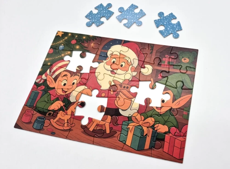 Puzzle Multigra 30 el. Pracownia Św. Mikołaja, niekompletny obrazek z białymi elementami.