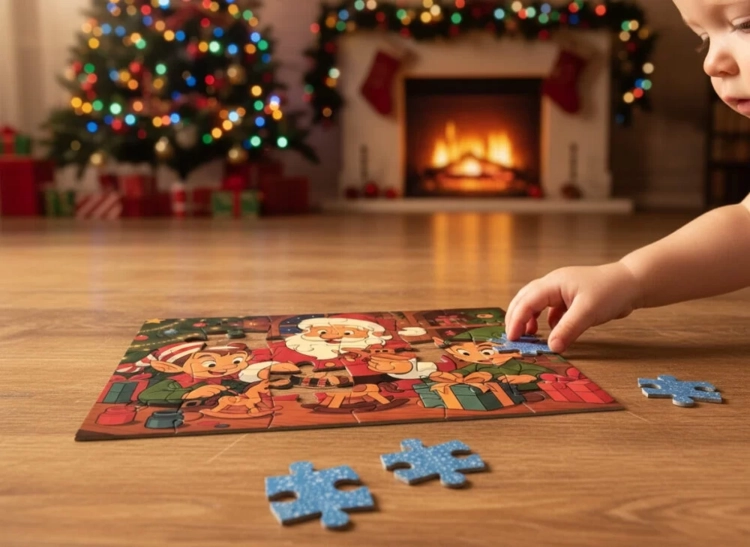 Dziecko układa świąteczne puzzle Multigra Pracownia Św. Mikołaja, w tle choinka i kominek.