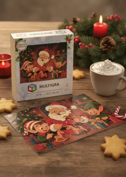 Puzzle Multigra 30 el. Pracownia Św. Mikołaja na drewnianym stole ze świątecznymi dekoracjami.