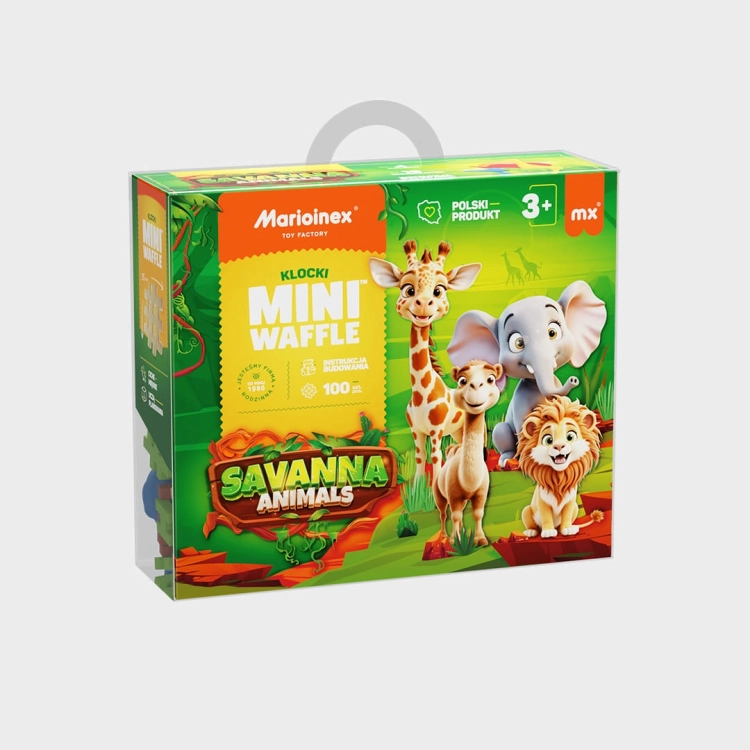 Klocki Marioinex Mini Waffle Animals Sawanna 100 el., opakowanie z żyrafą, słoniem, lwem i wielbłądem.