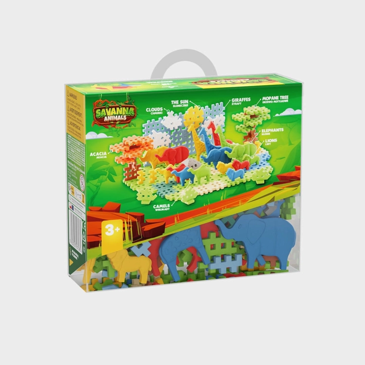 Tył opakowania klocków Marioinex Mini Waffle Animals Sawanna 100 el., widoczny zbudowany model i instrukcje.