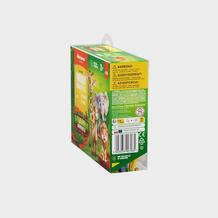 Bok opakowania klocków Marioinex Mini Waffle Animals Sawanna 100 el. z ostrzeżeniami i informacjami o producencie.