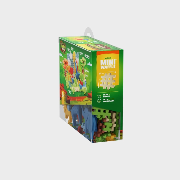 Klocki Marioinex Mini Waffle Animals Sawanna, widok boczny pudełka, widoczne cechy: elastyczne, miękkie, uczą planowania.