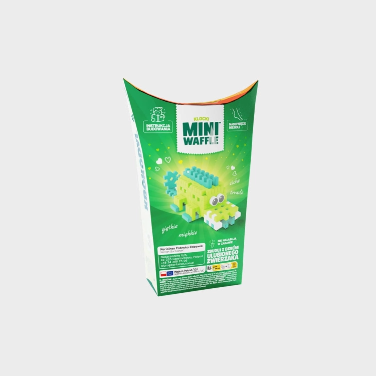 Klocki Marioinex Mini Waffle Pocket Pets Krokodyl, widok boczny opakowania z informacjami o produkcie.