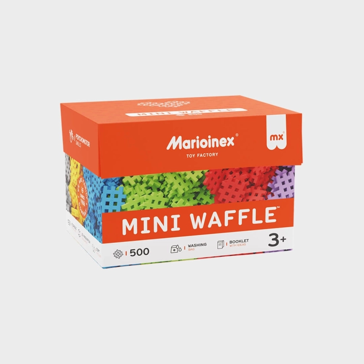 Klocki Marioinex Mini Waffle 500 elementów, pomarańczowe opakowanie zestawu konstrukcyjnego.