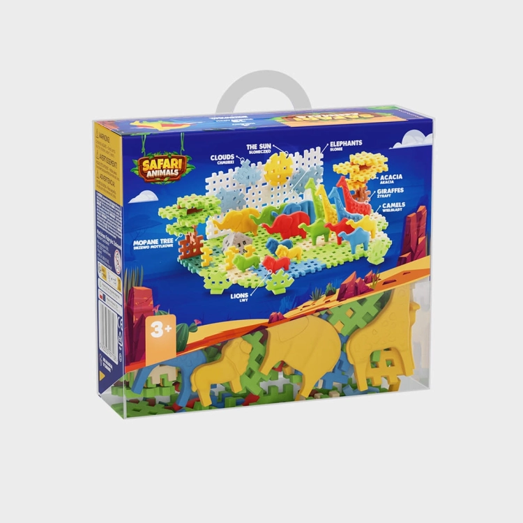 Tył opakowania klocków Marioinex Mini Waffle Animals Safari, widoczny zbudowany model safari z opisami.