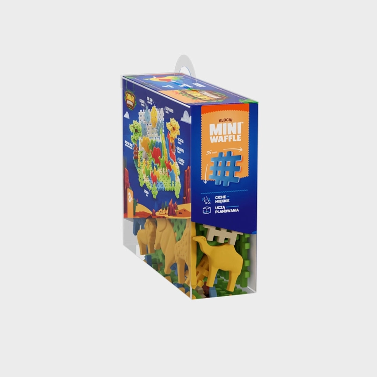 Bok opakowania klocków Marioinex Mini Waffle Animals Safari 100 el., widoczne cechy klocków.