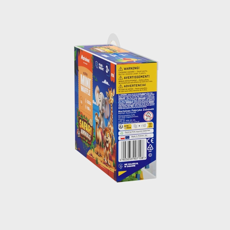 Bok opakowania klocków Marioinex Mini Waffle Animals Safari z ostrzeżeniami i kodem kreskowym.