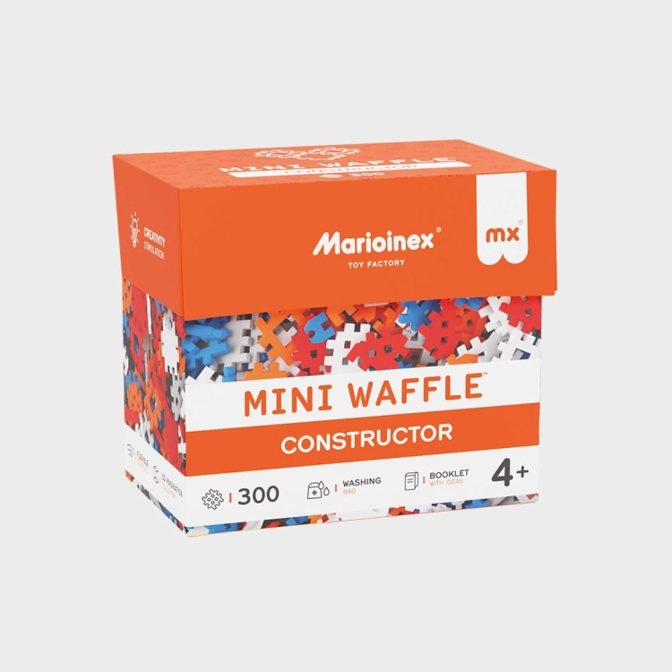Klocki Marioinex Mini Waffle Constructor 300 elementów, pomarańczowe opakowanie zestawu.