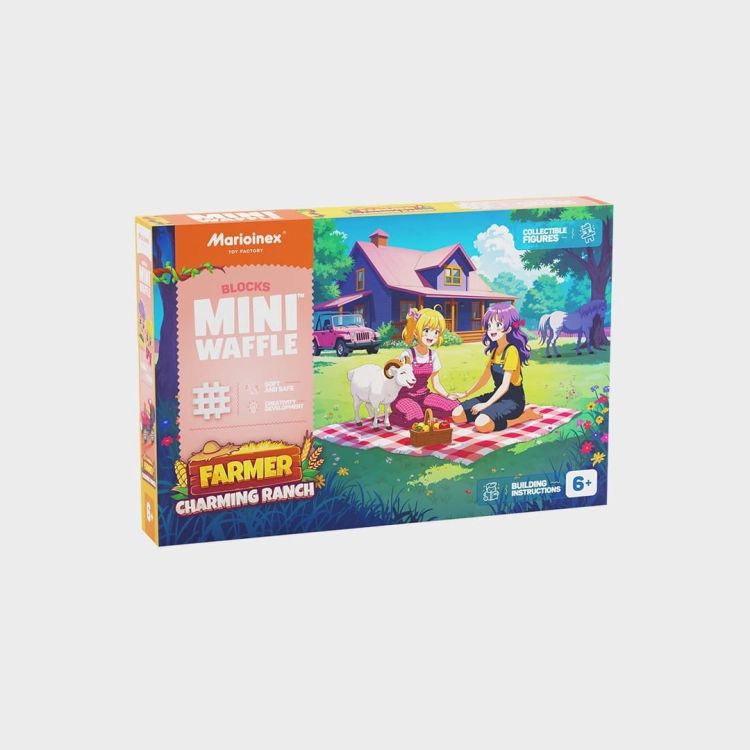 Klocki Marioinex Mini Waffle Farmer Urocze ranczo, frontowe opakowanie z piknikiem i domem.