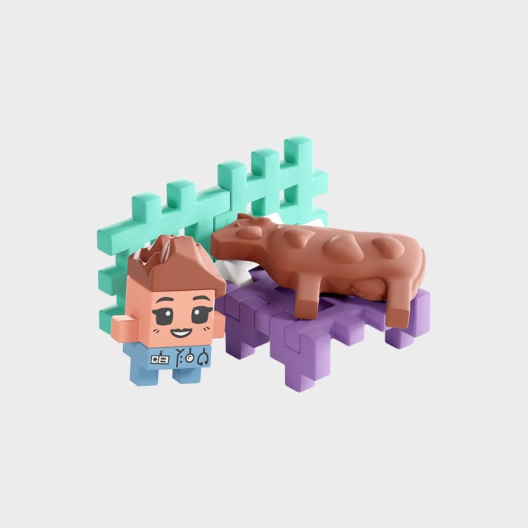 Figurka weterynarza i krowa z klocków Marioinex Mini Waffle Farmer.