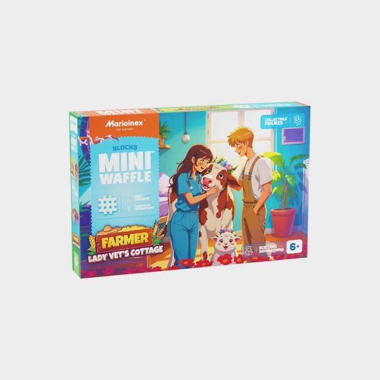 Klocki Marioinex Mini Waffle Domek Pani Weterynarz, opakowanie z weterynarzem i krową.