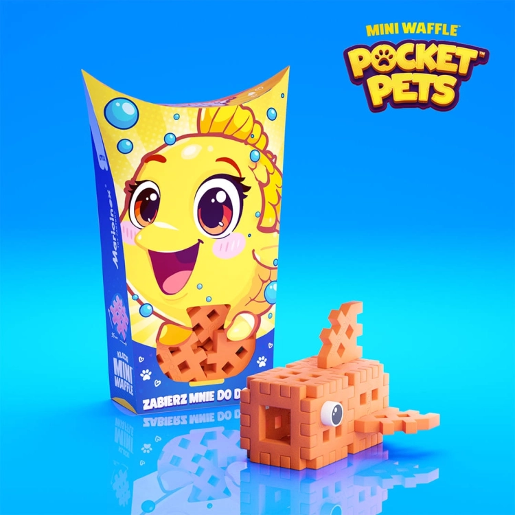 Klocki Marioinex Mini Waffle Pocket Pets Rybka, widok zestawu na niebieskim tle.