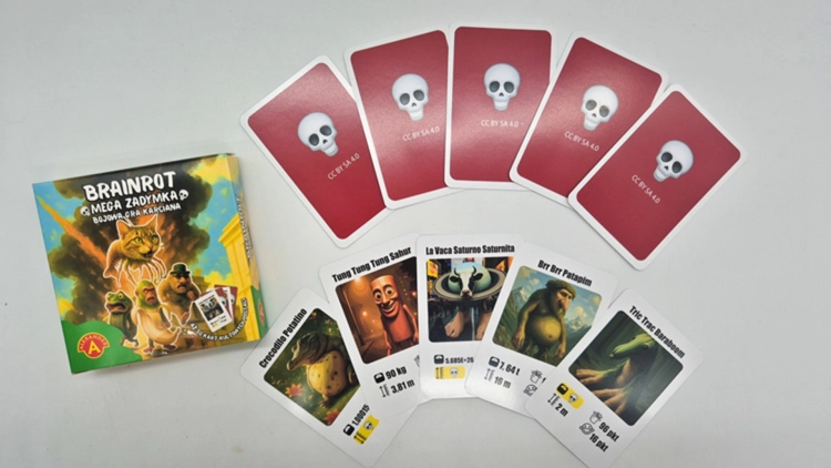Gra karciana Brainrot Mega Zadymka, rozłożone karty z postaciami na białym tle.