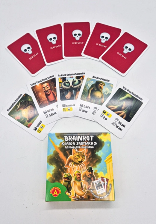 Pudełko gry Brainrot Mega Zadymka, rozłożone karty z postaciami (Tung Tung, Patapim).