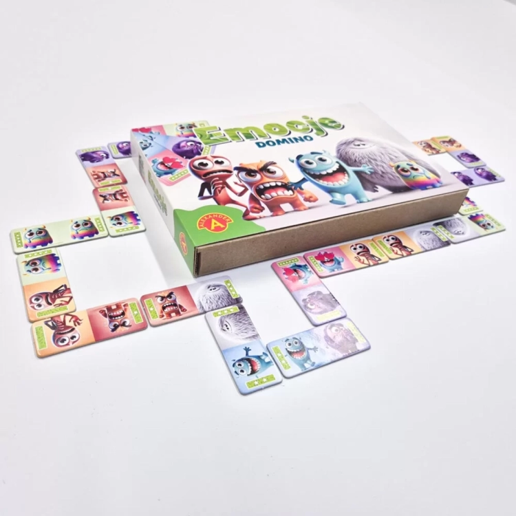 Gra edukacyjna Domino Emocje Alexander, widok na ułożony ciąg klocków.