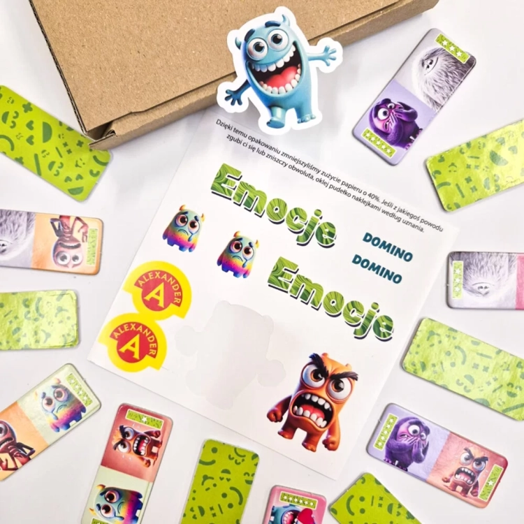 Gra edukacyjna Domino Emocje Alexander, opakowanie, klocki i instrukcja.