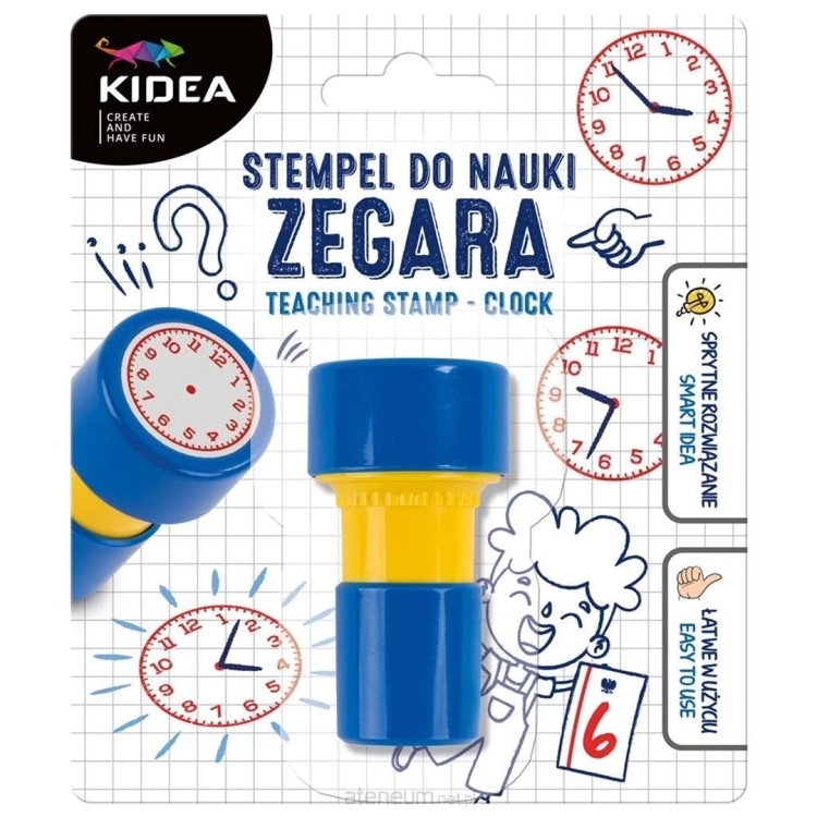 Stempel KIDEA do nauki zegara, pomoc edukacyjna dla dzieci 4+, opakowanie z instrukcją.
