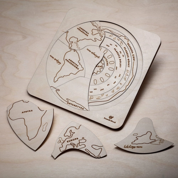 Puzzle edukacyjne Sounds Wood, budowa Ziemi i kontynenty, widoczne elementy Afryka i Europa.