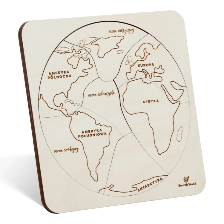 Puzzle edukacyjne Sounds Wood "Ziemia jest okrągła", zbliżenie na mapę z kontynentami i oceanami.