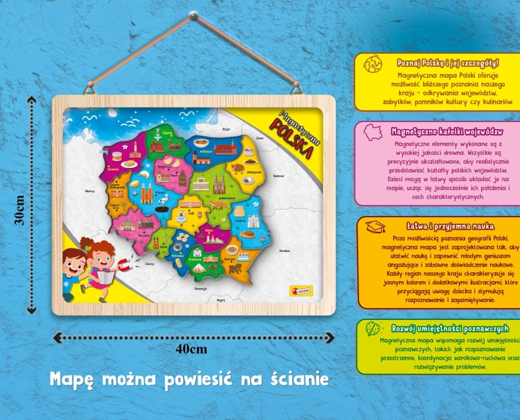 Magnetyczna mapa Polski Lisciani I'm a Genius, tablica z opisem wymiarów i funkcjonalności.