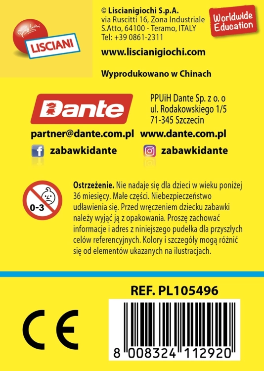 Magnetyczna mapa Polski Lisciani, tył opakowania z danymi producenta i ostrzeżeniami.