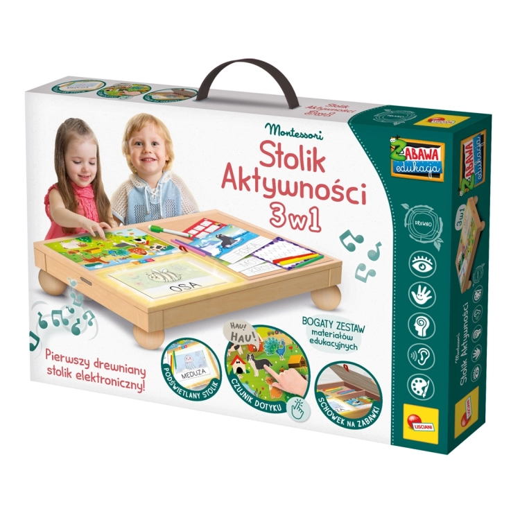 Stolik Montessori Aktywności 3w1 Lisciani, opakowanie z dziećmi i opisem funkcji dotyku i podświetlenia.