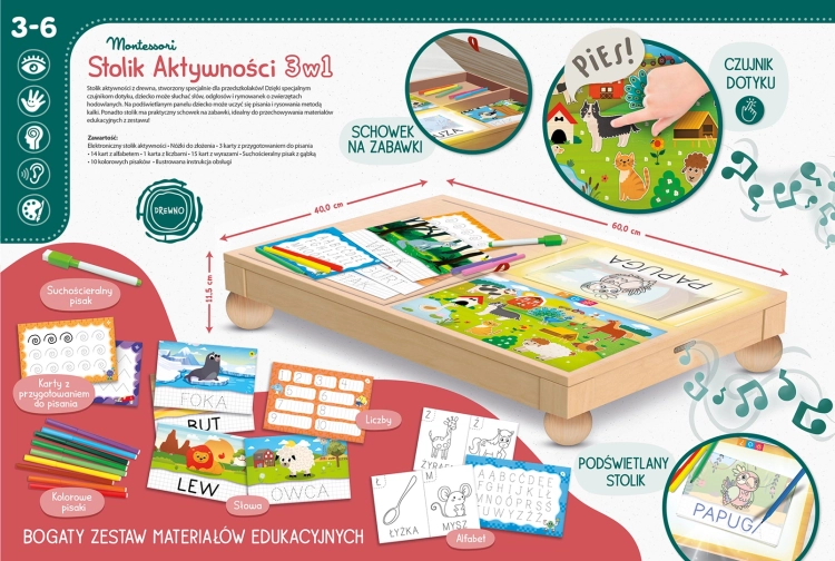 Stolik Montessori Aktywności 3w1 Lisciani, bogaty zestaw edukacyjny z kartami, pisakami i opisem funkcji: dotyk, podświetlenie, schowek.