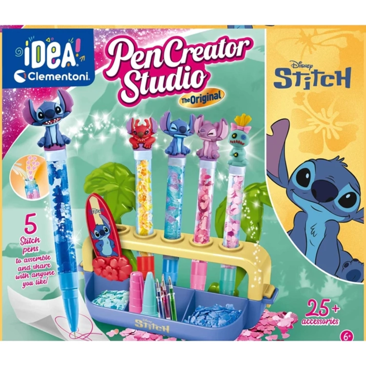 Fabryka Długopisów Stitch Clementoni, przód opakowania z 5 długopisami i akcesoriami.