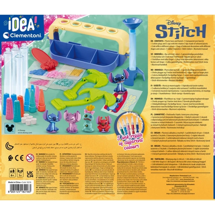 Instrukcja, tył opakowania Fabryki Długopisów Stitch Clementoni, lista zawartości w różnych językach.