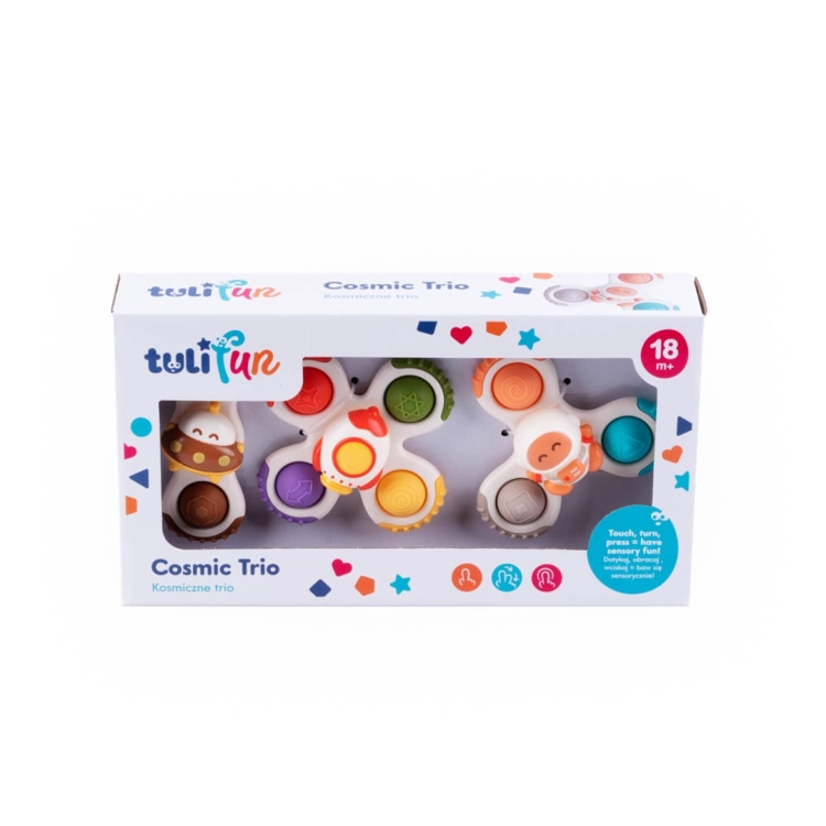 Kosmiczne Trio sensoryczne Tulifun 18 msc+, opakowanie z widocznymi zabawkami.
