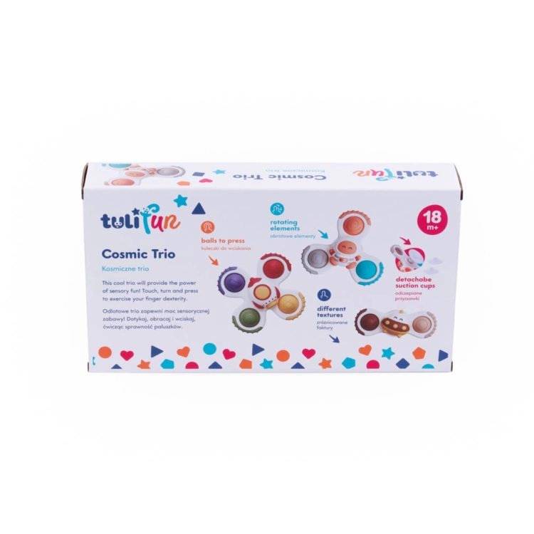 Kosmiczne Trio sensoryczne Tulifun, trzy zabawki (statek, rakieta, astronauta) na białym tle.
