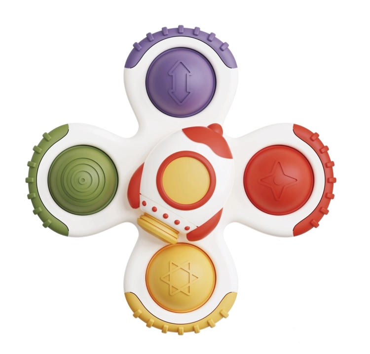 Zestaw Kosmiczne Trio sensoryczne Tulifun, trzy zabawki spinnery na białym tle.