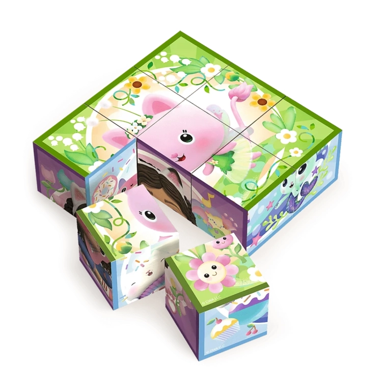 Drewniane klocki puzzle Koci Domek Gabby, złożona postać Kiciusiu Wróżka i trzy klocki.