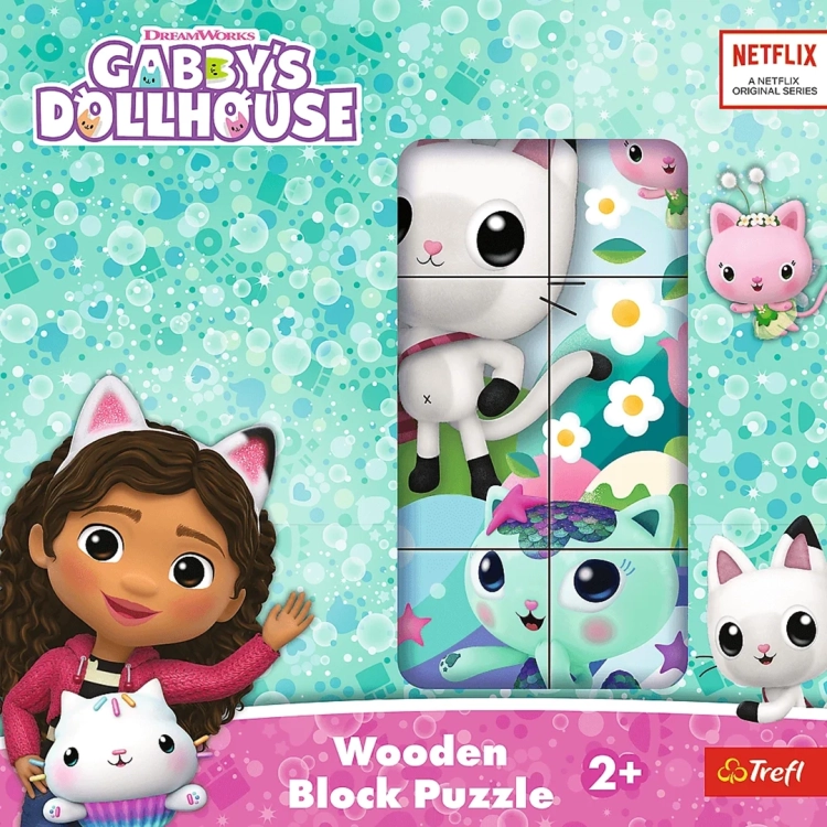 Drewniane klocki puzzle Koci Domek Gabby, przód opakowania z kocimi bohaterami i logo Netflix.