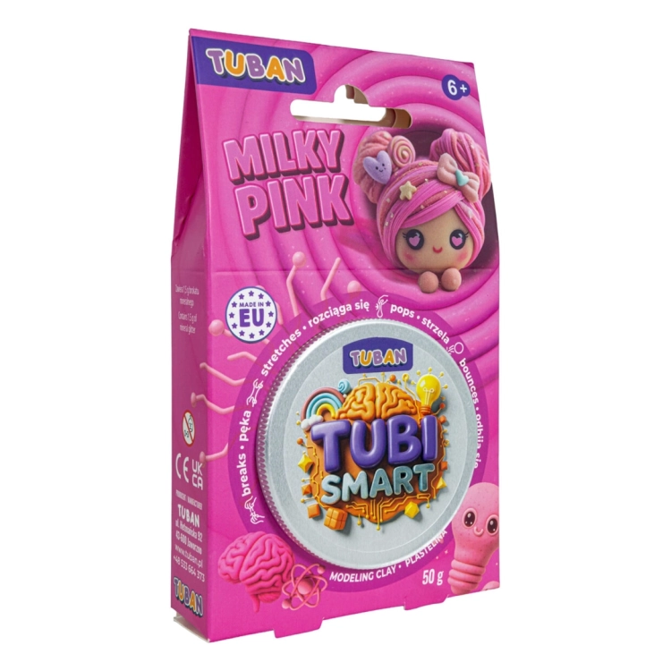 TUBI SMART PLASTELINA Tuban Milky Pink, widok pod kątem na opakowanie 50g.