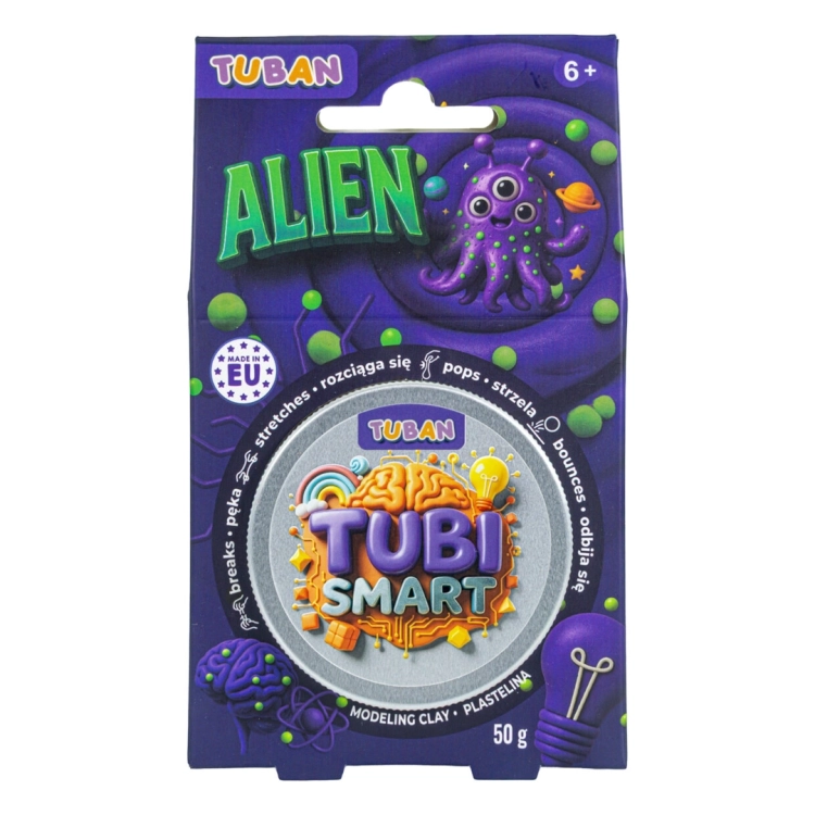 TUBI SMART PLASTELINA Tuban Alien 50g, przód opakowania z grafiką kosmity.