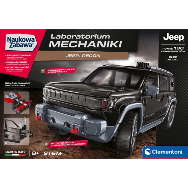 Model do składania Jeep Recon Clementoni, przód opakowania z opisem funkcji i mechanizmów.
