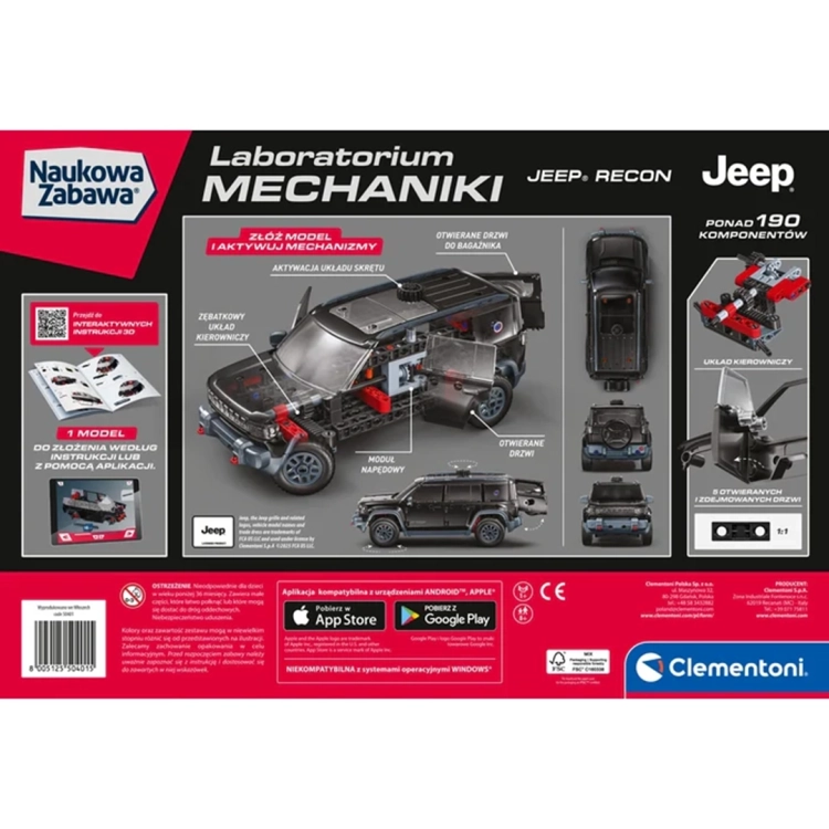 Klocki Laboratorium Mechaniki Jeep Recon Clementoni, tył opakowania, schemat modelu i mechanizmów.