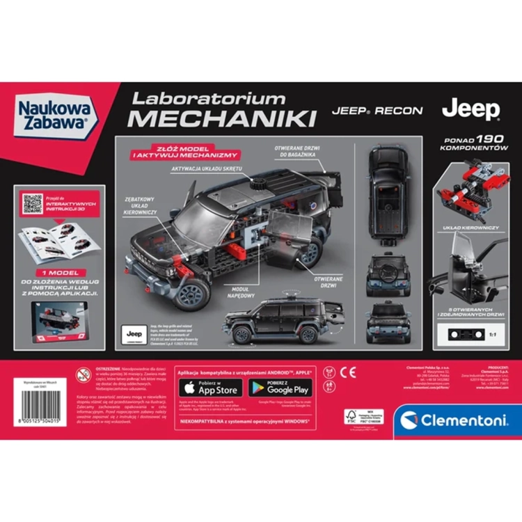 Klocki Laboratorium Mechaniki Jeep Recon Clementoni, tył opakowania z detalami modelu i informacjami o aplikacji.