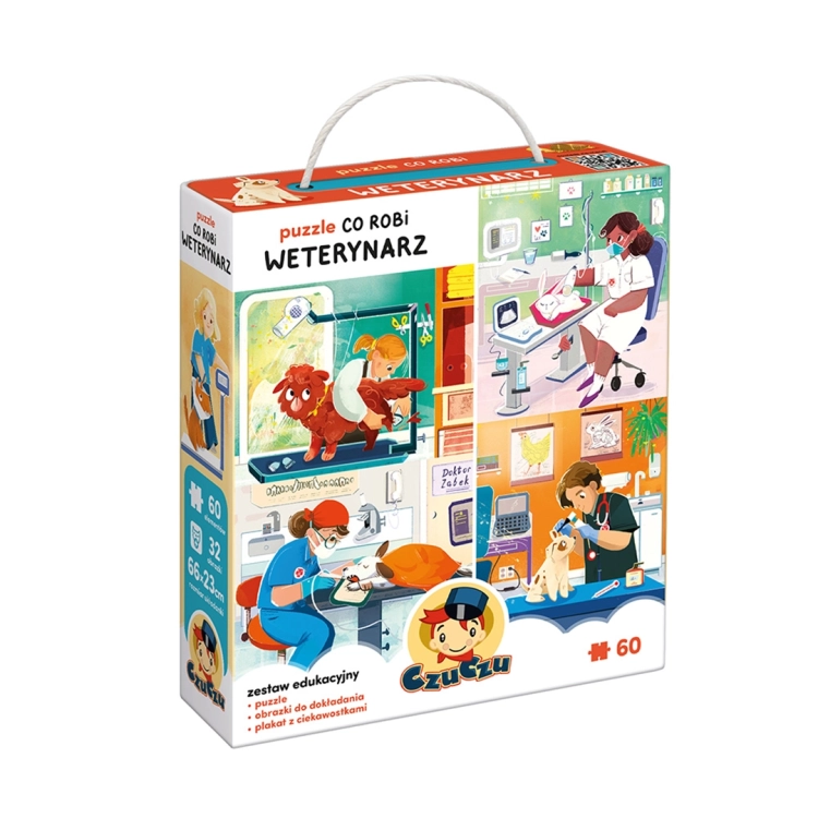 Opakowanie puzzli CzuCzu Co robi weterynarz?, widoczne ilustracje z lecznicy dla zwierząt.
