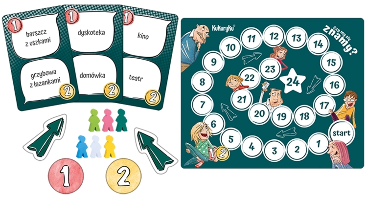 Gra planszowa Kukuryku Czy my się znamy?, rozłożone karty, pionki i tor do gry.