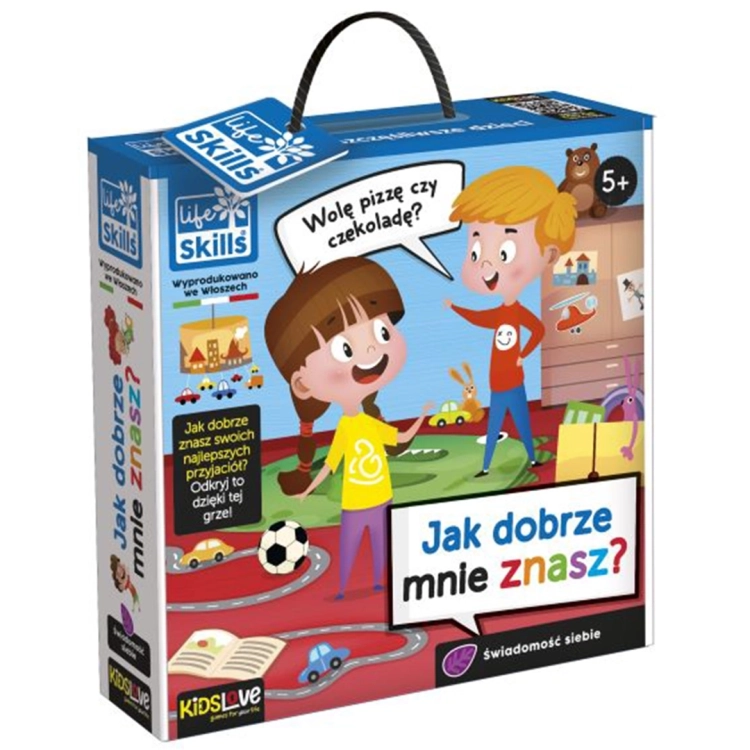 Gra edukacyjna Lisciani Life Skills Jak dobrze mnie znasz?, opakowanie z dziećmi i pytaniem o pizzę lub czekoladę.
